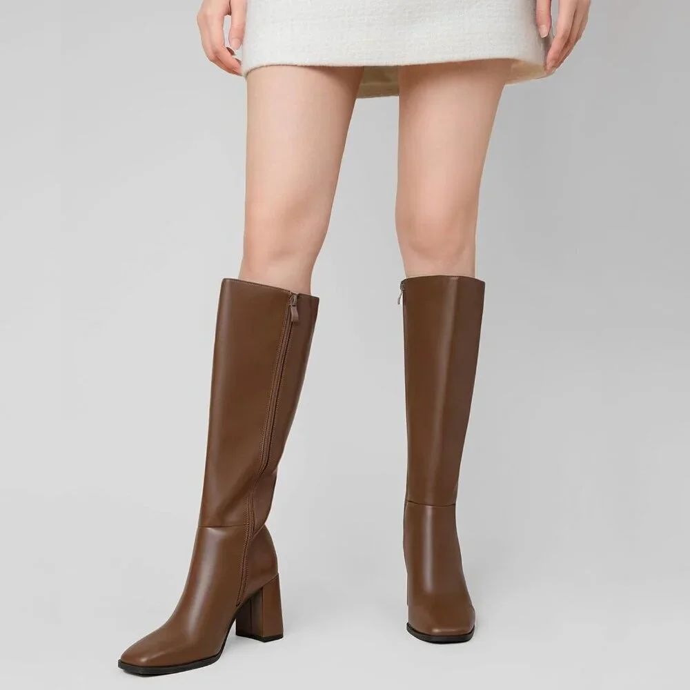 Women's Faux Leather Tan Square Toe Side Zipper Chunky Heel Knee High Boots